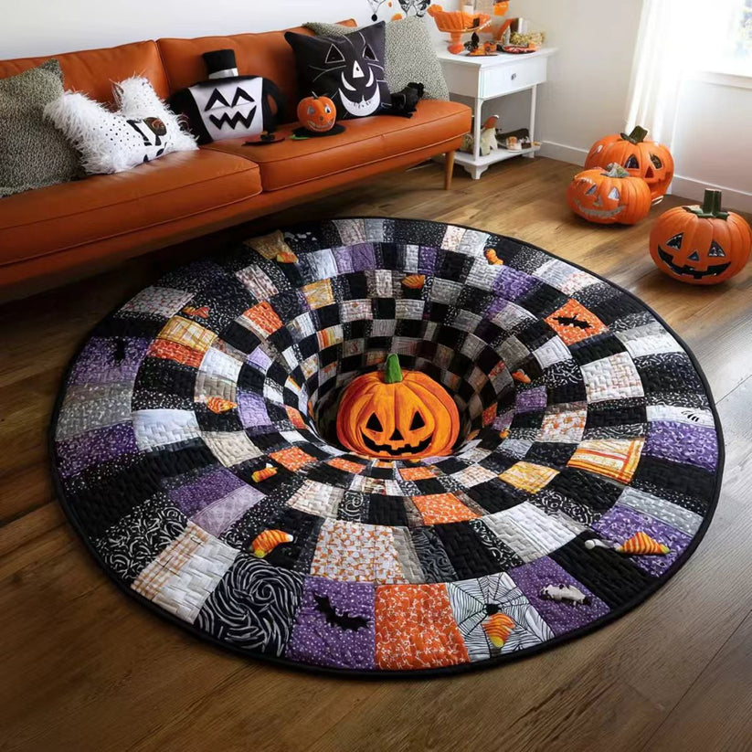 🎃 3D Optical Illusion Skeleton Vortex Quilted Round Halloween Rug