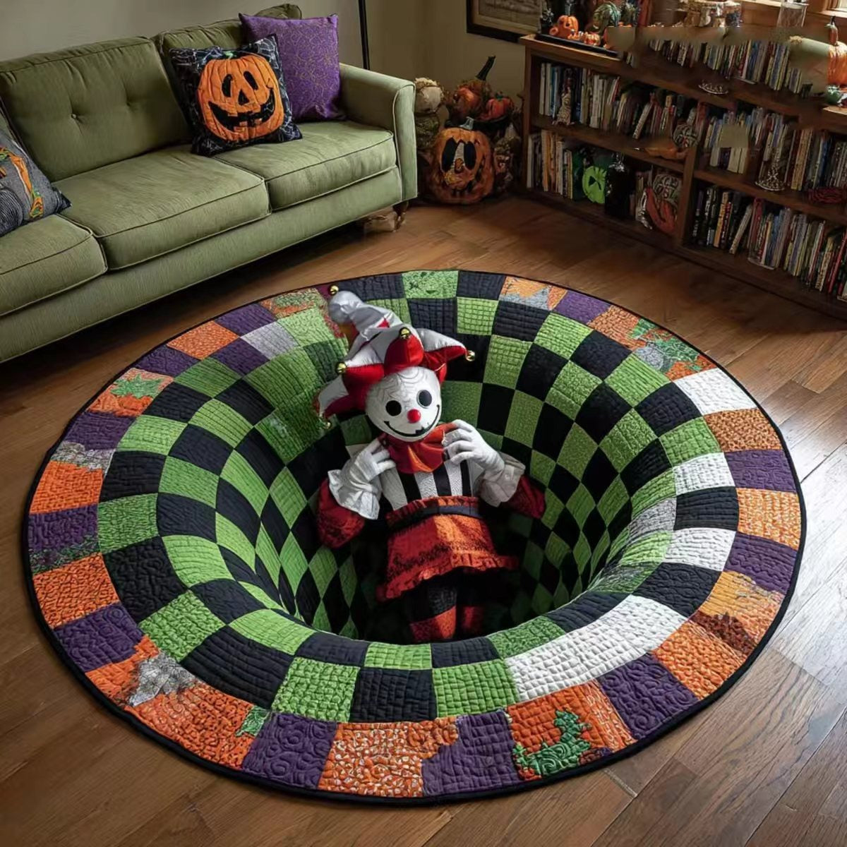 🎃 3D Optical Illusion Skeleton Vortex Quilted Round Halloween Rug