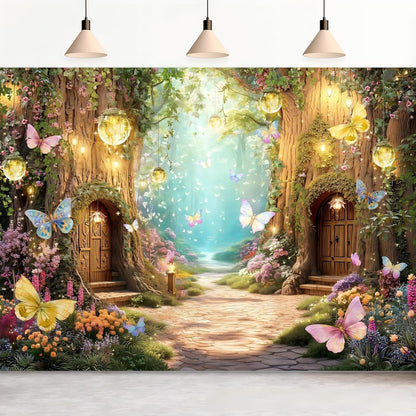Magical Forest Floral & Butterfly Backdrop Banner — Outdoor Birthday Party Scene Decoration
