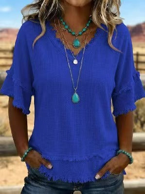 💖Women's Boho V-Neck T-Shirt with Frayed Edges 🌿 – Loose Fit, Breathable Summer Top in Soft Cotton👚