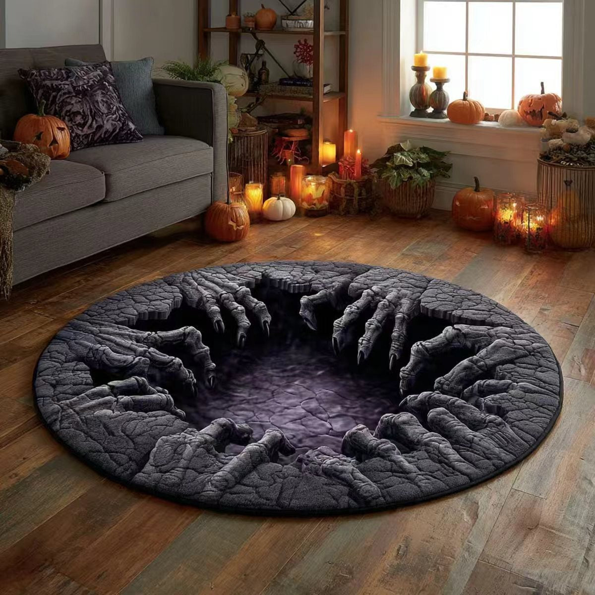 🎃 3D Optical Illusion Skeleton Vortex Quilted Round Halloween Rug