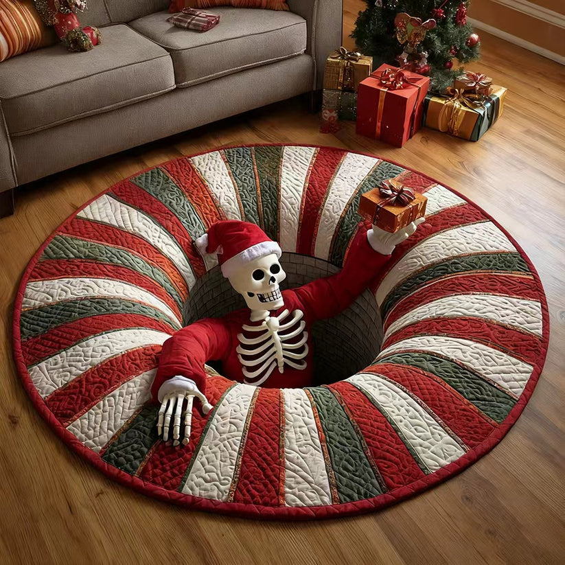 🎃 3D Optical Illusion Skeleton Vortex Quilted Round Halloween Rug