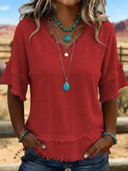 💖Women's Boho V-Neck T-Shirt with Frayed Edges 🌿 – Loose Fit, Breathable Summer Top in Soft Cotton👚
