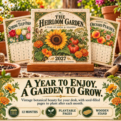 🌱 2027 Heirloom Garden Plantable Seed Calendar | 12 Plantable Months with Vintage Botanical Art & Wooden Stand 🌼