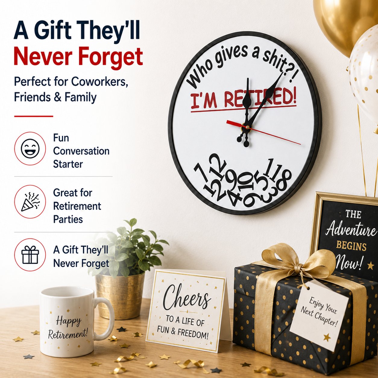 ⏰ "Who Cares What Time It Is? You’re Retired!" 🎉 Funny Retirement Wall Clock