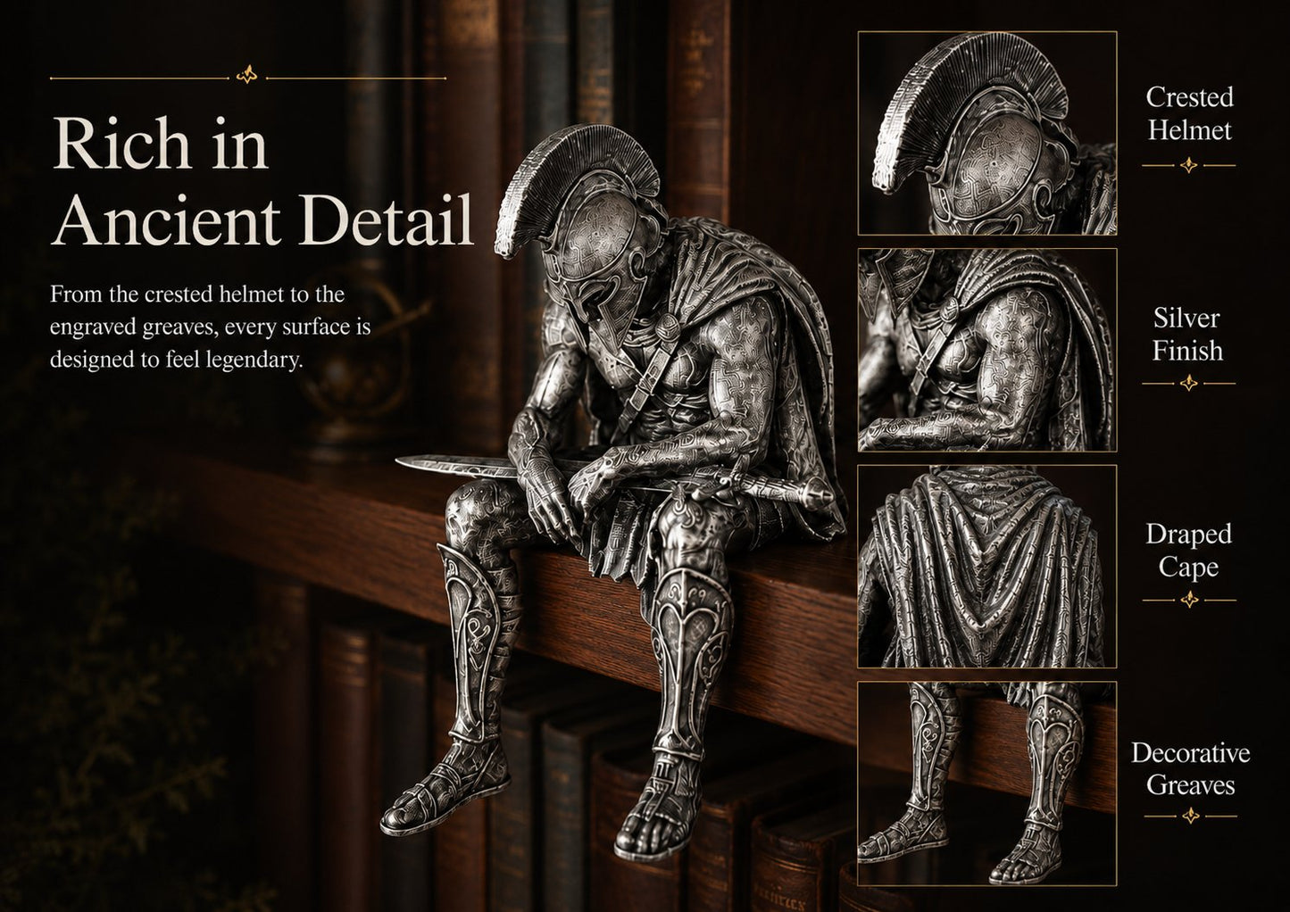 ⚔️ Ancient Greek Warrior Shelf Sitter – Unique Bookshelf Decor