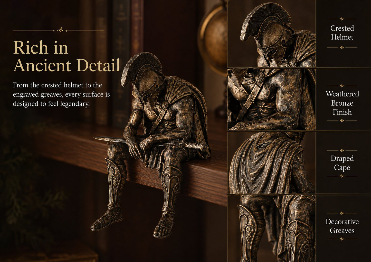 ⚔️ Ancient Greek Warrior Shelf Sitter – Unique Bookshelf Decor