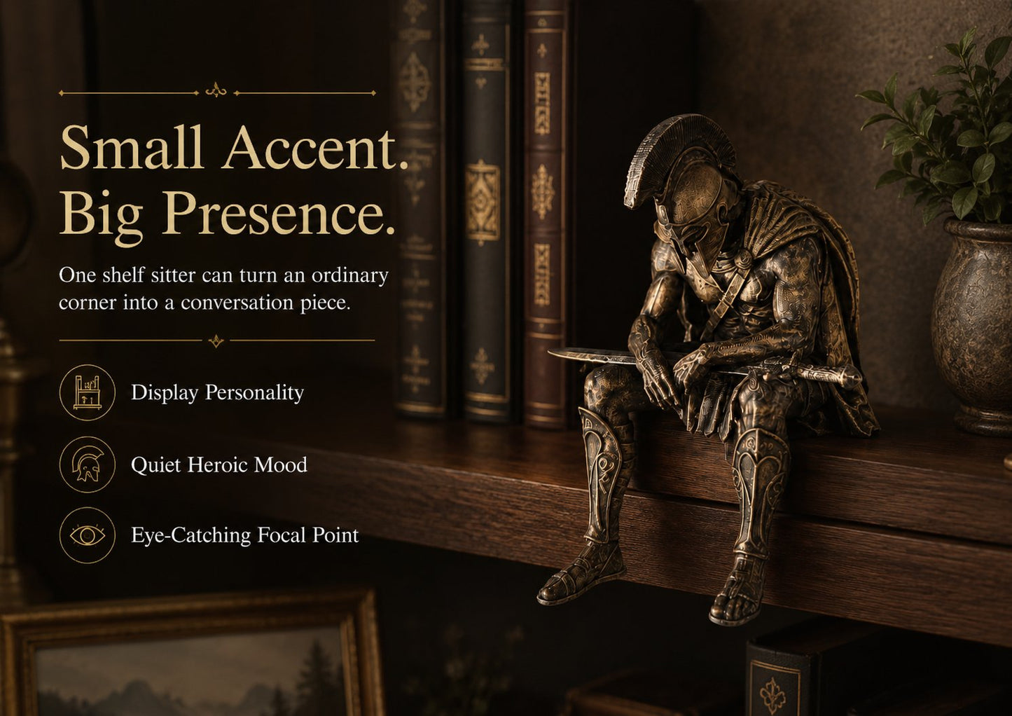 ⚔️ Ancient Greek Warrior Shelf Sitter – Unique Bookshelf Decor
