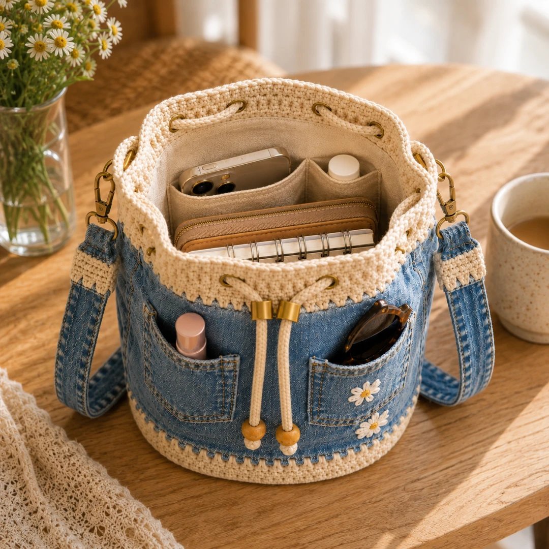 🔥HOT SALE 40% OFF✨👜Handmade Denim Crochet Bucket Bag