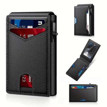 💼🔒Premium Aluminum RFID Blocking Minimalist Wallet for Men - Pop-Up Card Access, Money Clip & ID Window