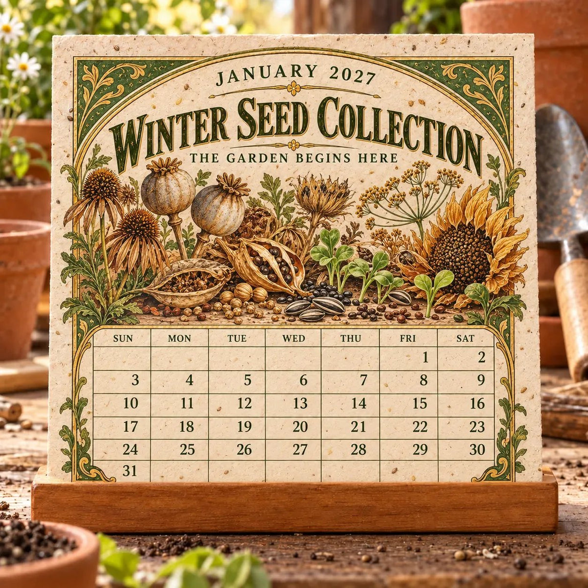 🌱 2027 Heirloom Garden Plantable Seed Calendar | 12 Plantable Months with Vintage Botanical Art & Wooden Stand 🌼