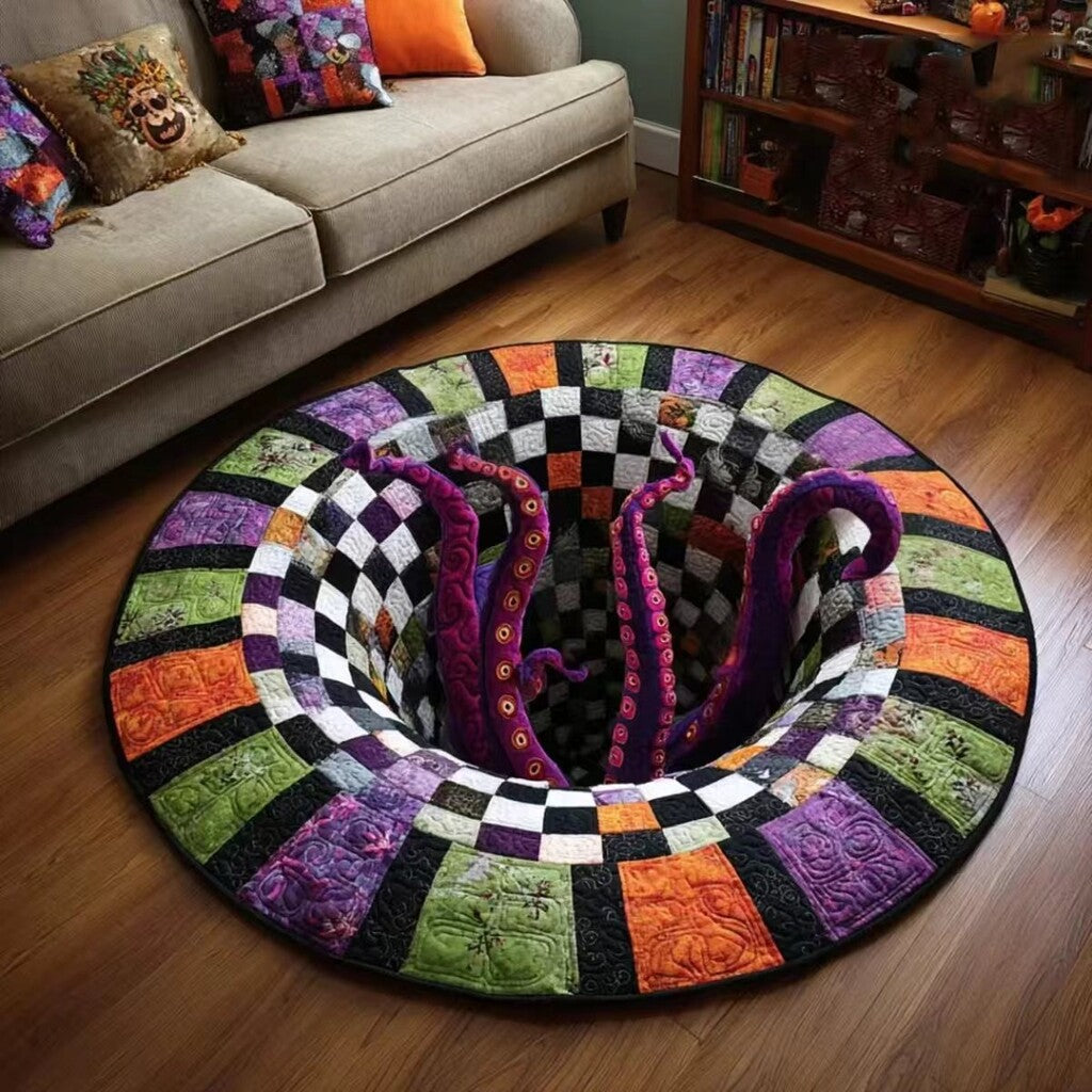 🎃 3D Optical Illusion Skeleton Vortex Quilted Round Halloween Rug