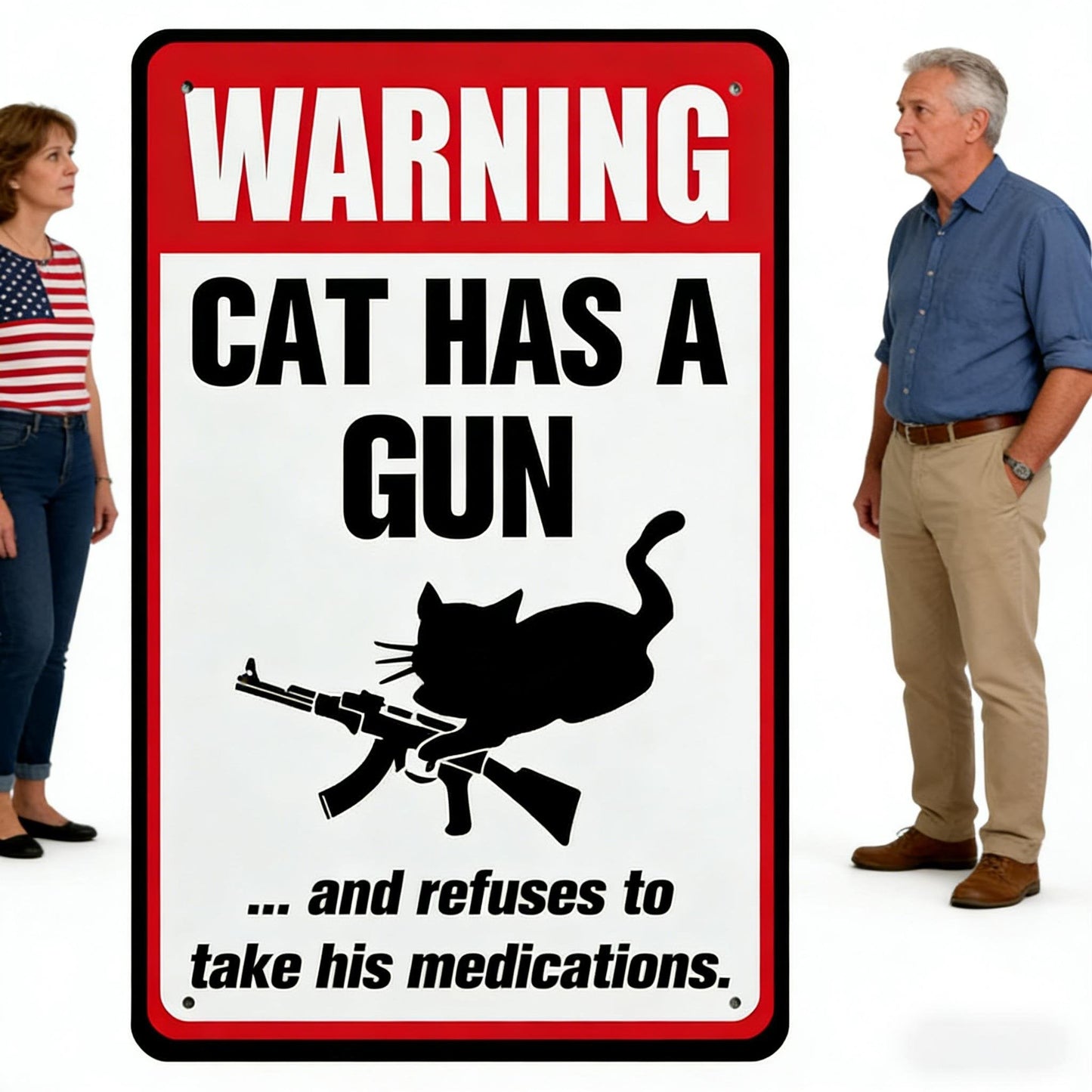 😻Funny "Cat & Dog Has a Gun & Won't Take Meds" Aluminum Sign