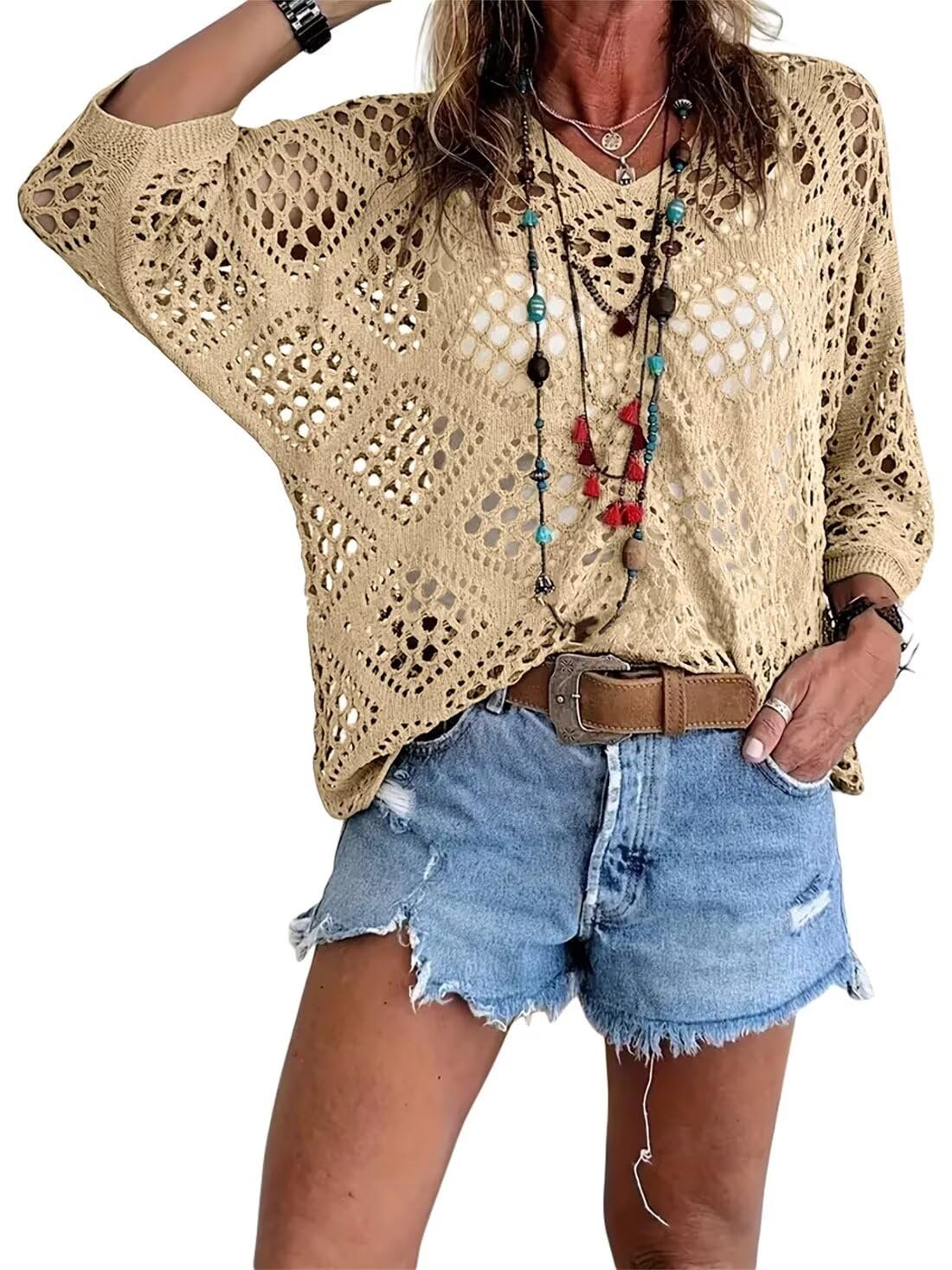 🌿 Handmade Crochet V‐Neck Boho Top | Apricot Summer Essential