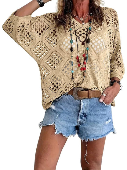 🌿 Handmade Crochet V‐Neck Boho Top | Apricot Summer Essential