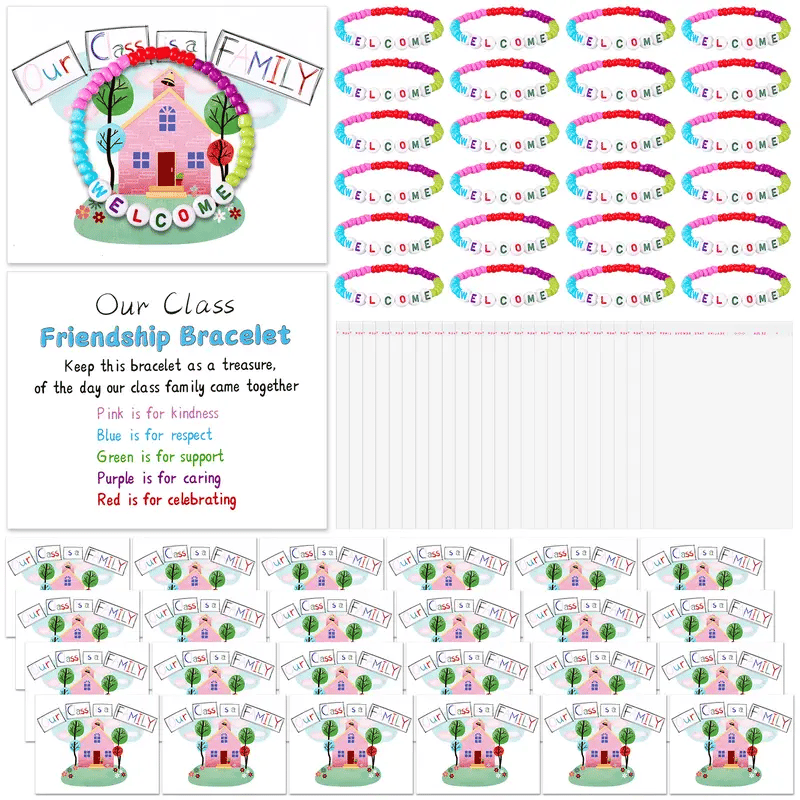 🏫Back to School Friendship Bracelets Set🧒 -Include Our Class Is a Family Greeting Card and  Bracelet with Bags Gift