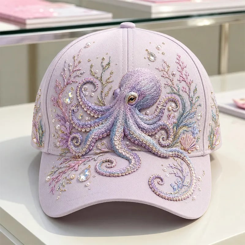 🌊 3D Ocean Creatures Printing Cap | Pearl & Crystal Adjustable Hat for Beach, Travel & Everyday Wear
