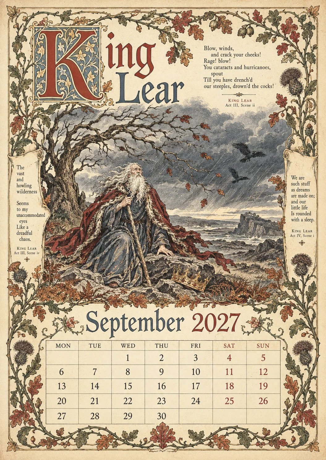 🎁A Shakespearean Year 2027 – 12 Plays Through the Seasons | Vintage Illustrated Wall Calendar
