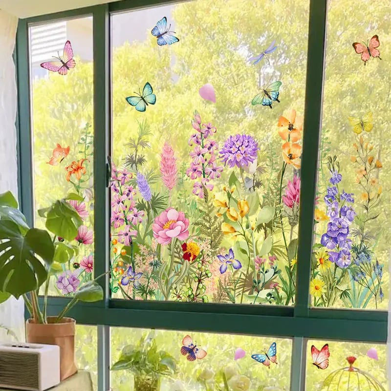 📢📢50% OFF !! ⏰Colorful Floral Bouquet Window Sticker – Vibrant design, easy peel & removable – Perfect for home, cafe & spring decor ✨