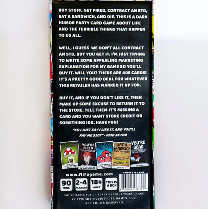 F-Life: A Game About Adulthood – Darkly Humorous Party Card Game for Adults, Life Simulation, Wealth Building, Retirement & Graveyard Revenge