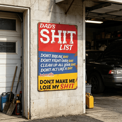 🎯Dad's Shit List Vintage Tin Sign – The Ultimate Funny Dad Gift & Garage Decor!🛠️