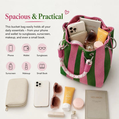 📢📢40% OFF !! ⏰🌴 Boho Striped Knit Bucket Handbag for Women – Handmade Summer Beach Shoulder Bag