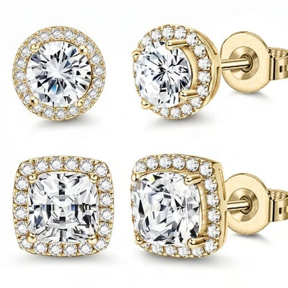 😍 Buy 1 Get 1 Free🔥Halo Stud Earrings 4-Pack - Gold & Silver Round/Square Styles