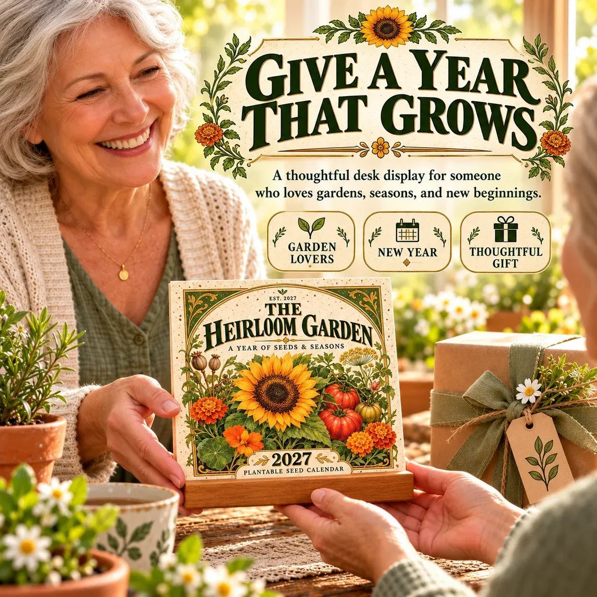 🌱 2027 Heirloom Garden Plantable Seed Calendar | 12 Plantable Months with Vintage Botanical Art & Wooden Stand 🌼