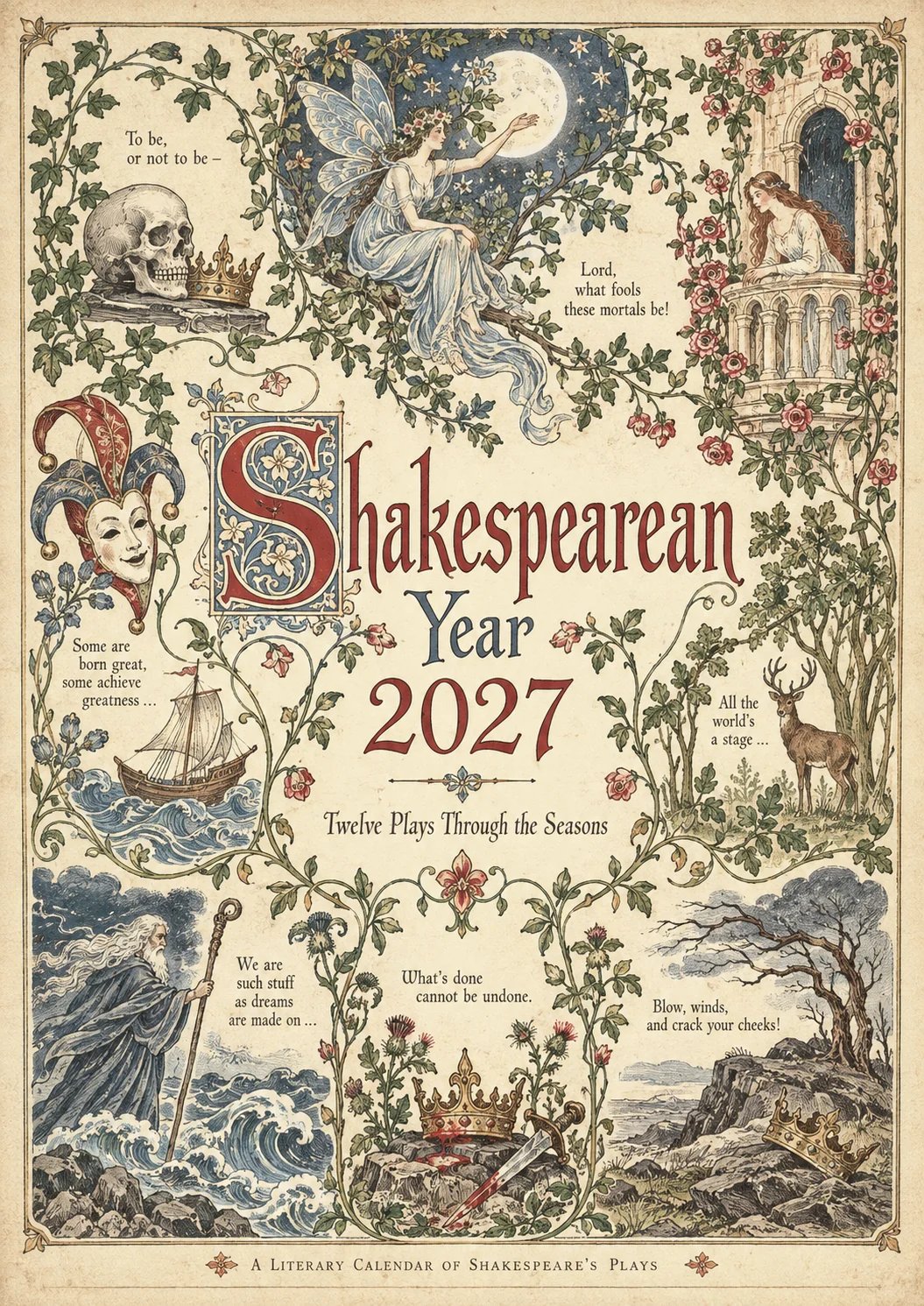 🎁A Shakespearean Year 2027 – 12 Plays Through the Seasons | Vintage Illustrated Wall Calendar