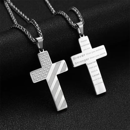 ✝️Stainless Steel Cross Necklace – Bible Verse + American Flag Pendant🎁