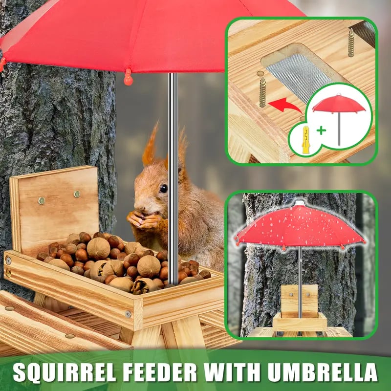 🐿️Cute Carbonized Wood Squirrel Feeder with Umbrella – Fun Picnic Table Design☂️