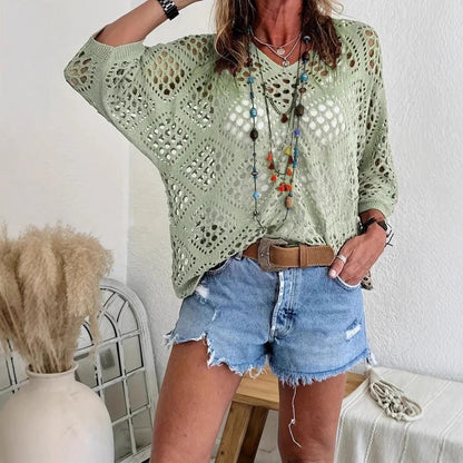 🌿 Handmade Crochet V‐Neck Boho Top | Apricot Summer Essential