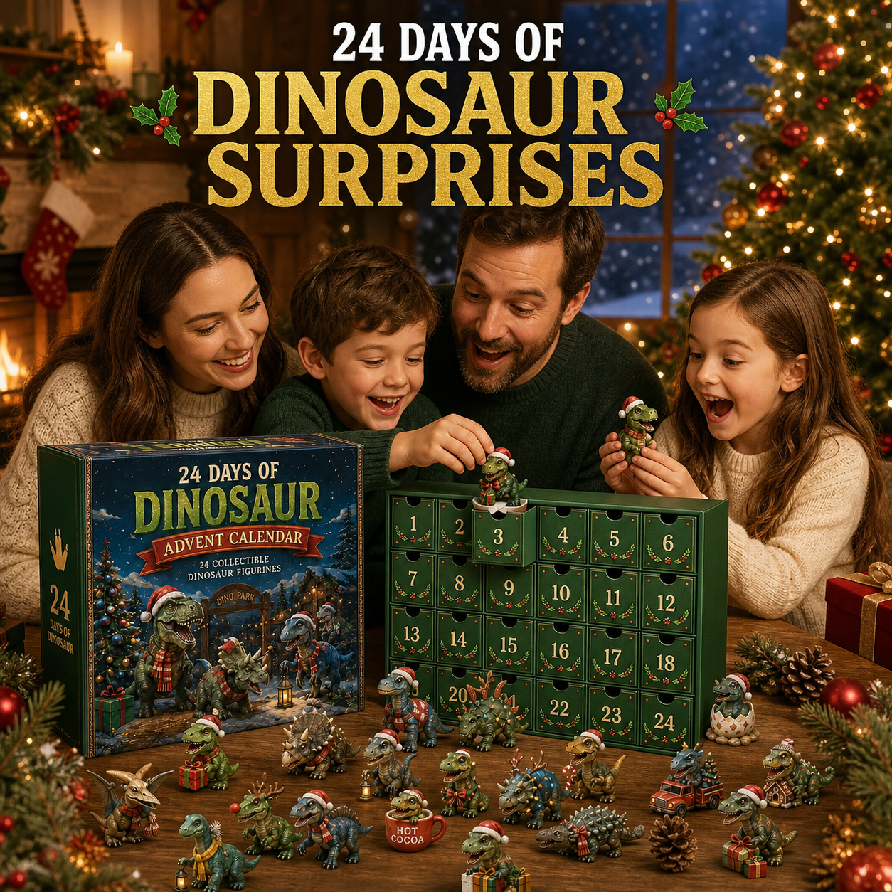 🦖24 Days of Dinosaur Christmas Advent Calendar – 24 Collectible Dino Figurines & Holiday Surprises