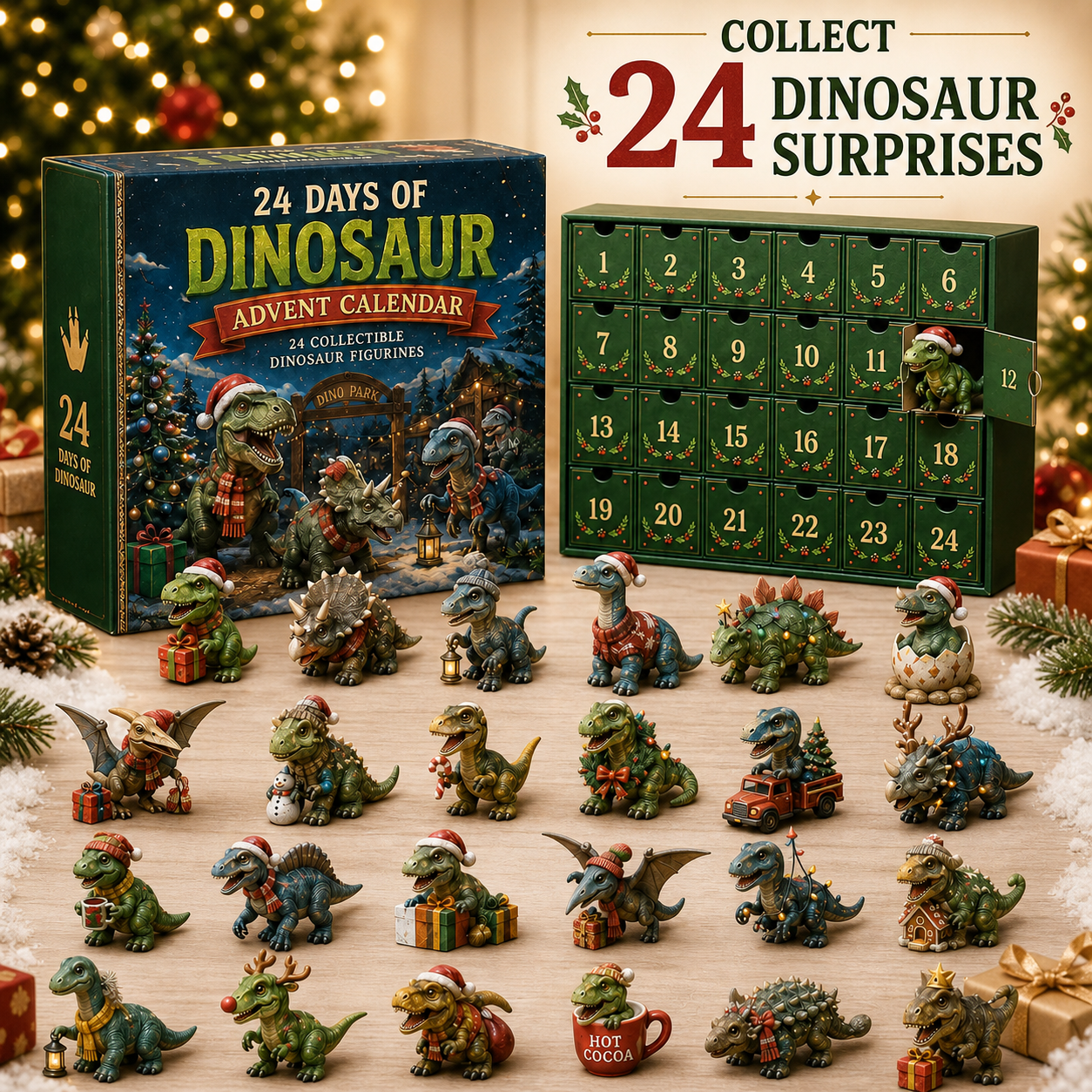 🦖24 Days of Dinosaur Christmas Advent Calendar – 24 Collectible Dino Figurines & Holiday Surprises