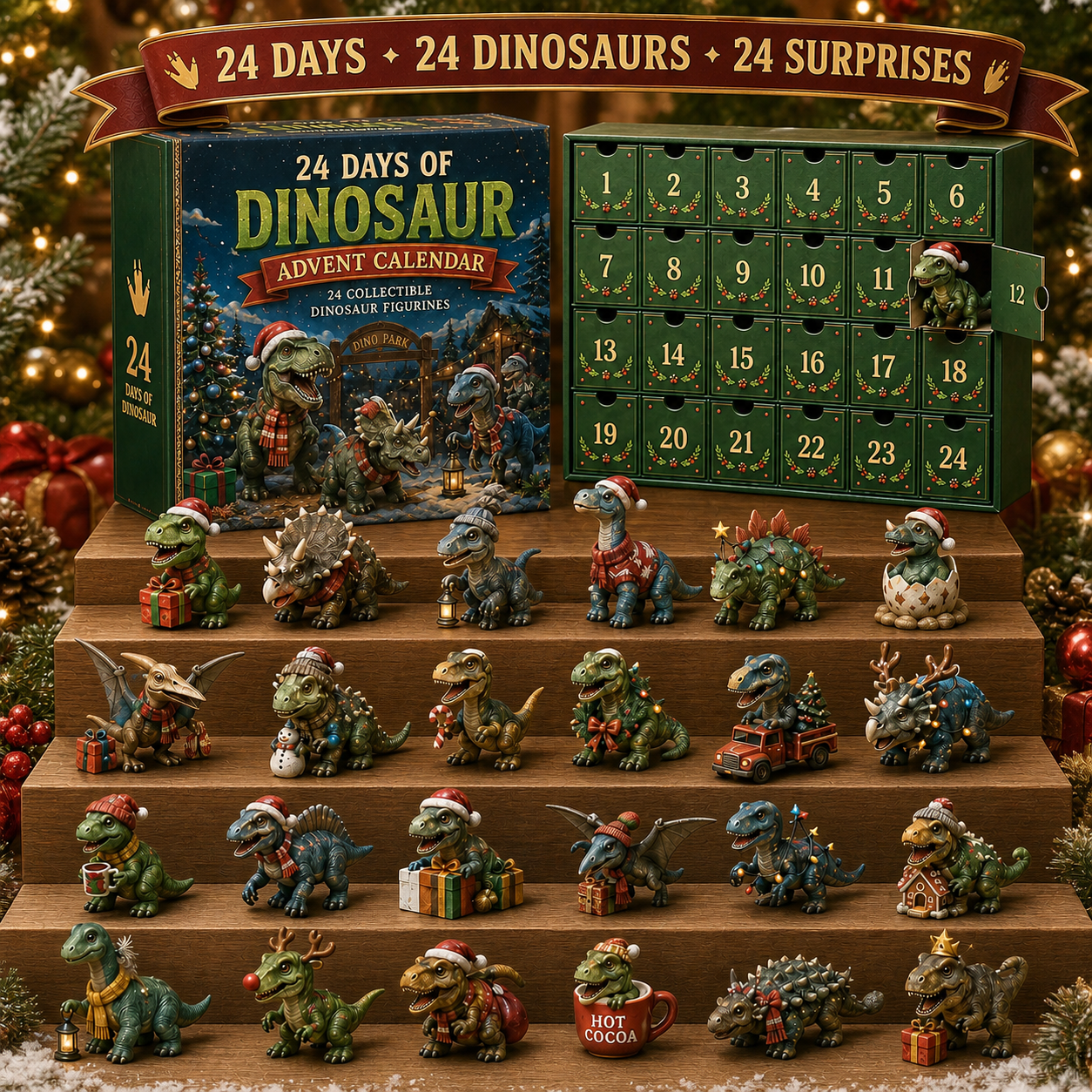 🦖24 Days of Dinosaur Christmas Advent Calendar – 24 Collectible Dino Figurines & Holiday Surprises