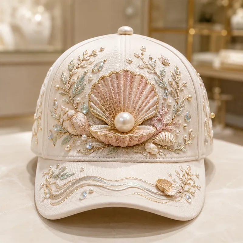 🌊 3D Ocean Creatures Printing Cap | Pearl & Crystal Adjustable Hat for Beach, Travel & Everyday Wear
