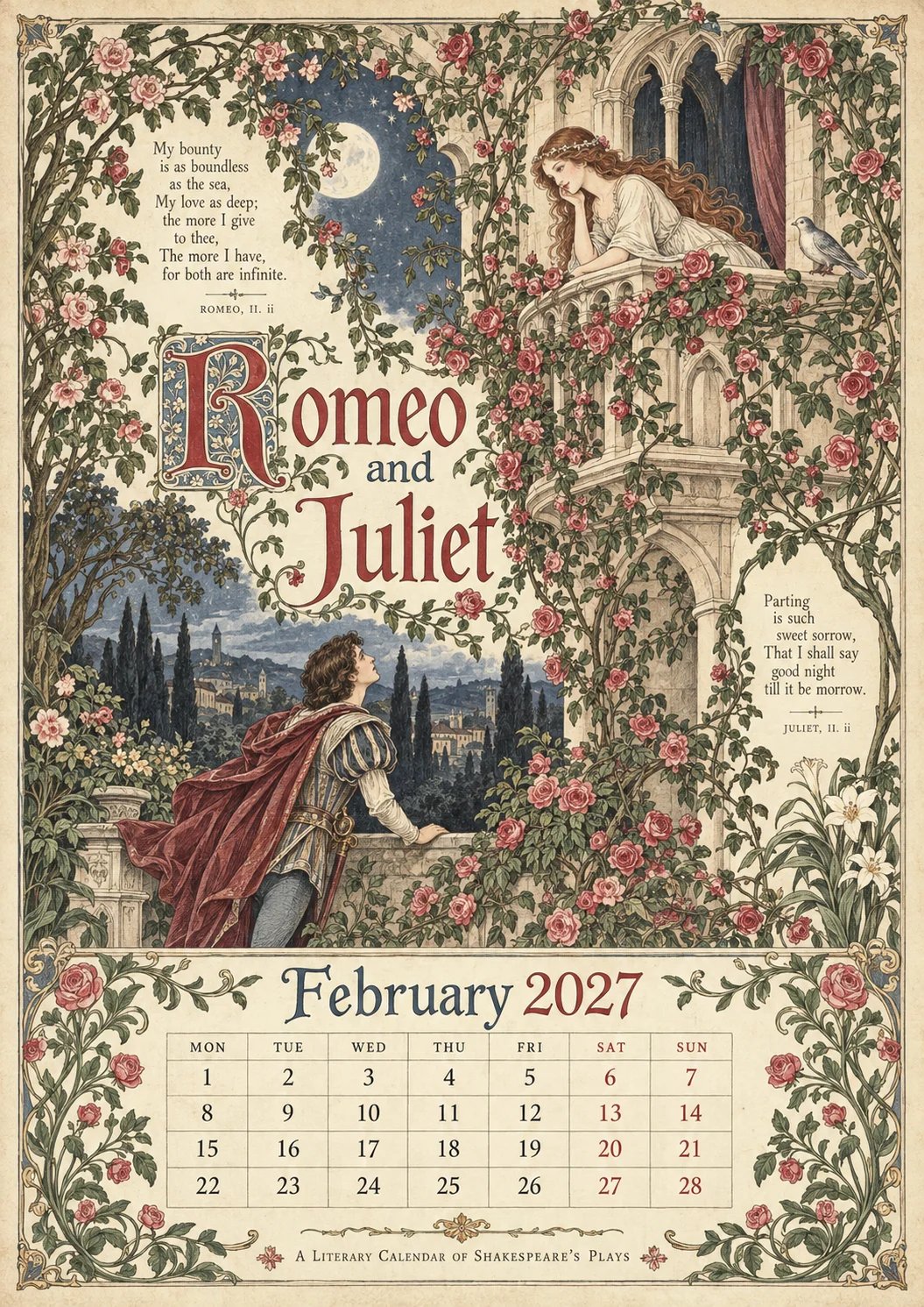 🎁A Shakespearean Year 2027 – 12 Plays Through the Seasons | Vintage Illustrated Wall Calendar