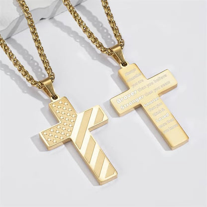 ✝️Stainless Steel Cross Necklace – Bible Verse + American Flag Pendant🎁