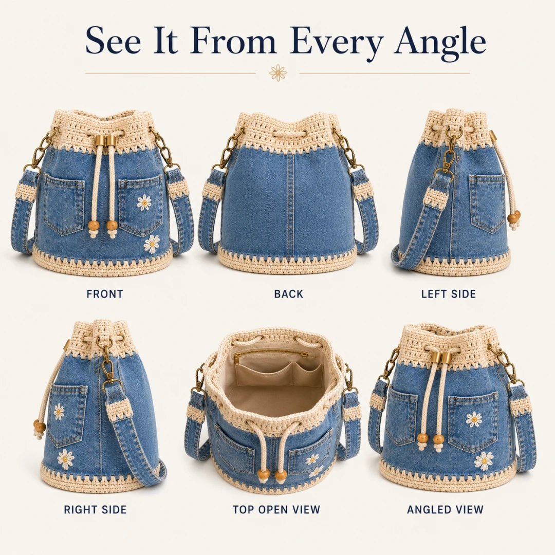 🔥HOT SALE 40% OFF✨👜Handmade Denim Crochet Bucket Bag