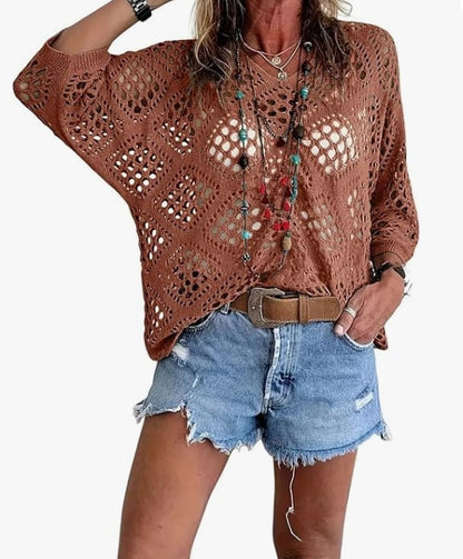 🌿 Handmade Crochet V‐Neck Boho Top | Apricot Summer Essential