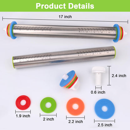 🔥Adjustable Stainless Steel Rolling Pin with Thickness Rings