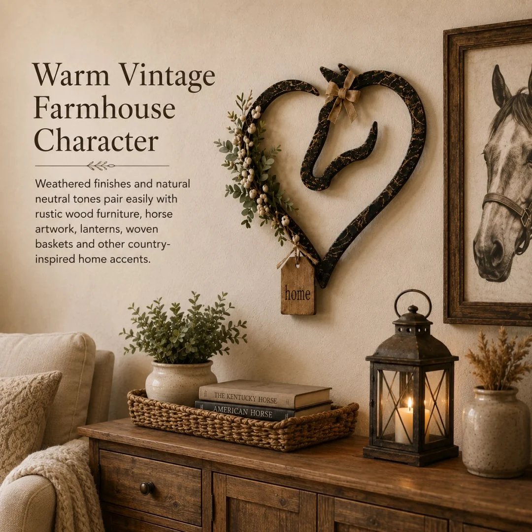 🏠 ✨Rustic Horse Heart Wall Decor with Greenery – Farmhouse Equestrian Home Accent
