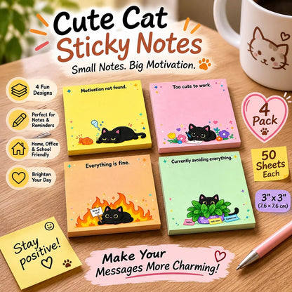 🐾 Sassy Black Cat Sticky Notes – 4 Funny 3" × 3" Memo Pads for Work, School & Home