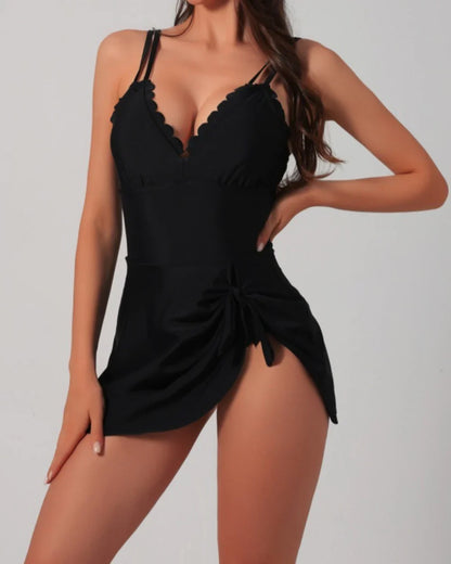 💃2026 Hot Sale🌟Womens Deep V Tummy Control Scalloped Modest Tie Knot One Piece Swimdress