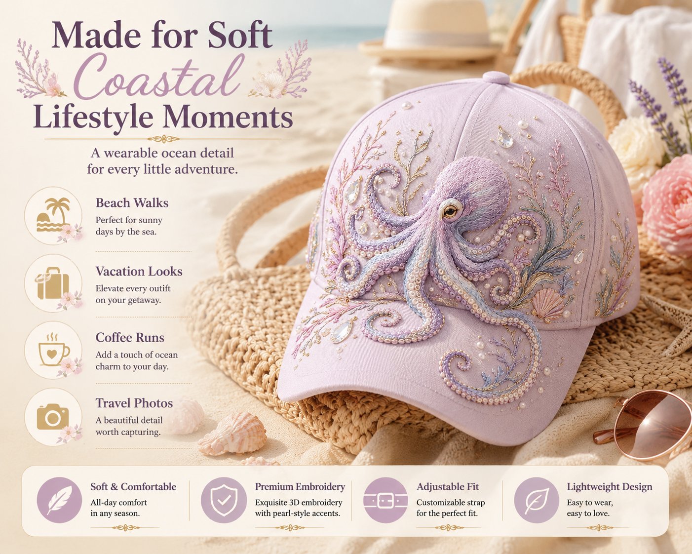 🌊 3D Ocean Creatures Printing Cap | Pearl & Crystal Adjustable Hat for Beach, Travel & Everyday Wear