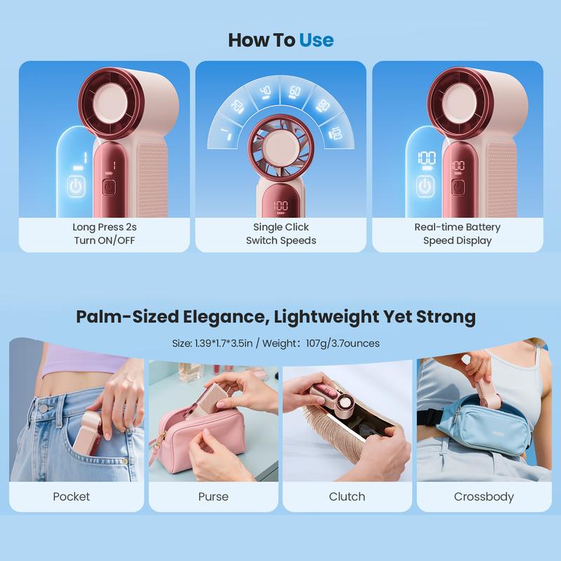 💨Mini Handheld Fan with LED Display –👍5-Speed Turbo Pocket size Fan.✨USB Rechargeable, High-Speed Cooling for Travel & Makeup. Perfect  Gift.  Portable Refrigeration