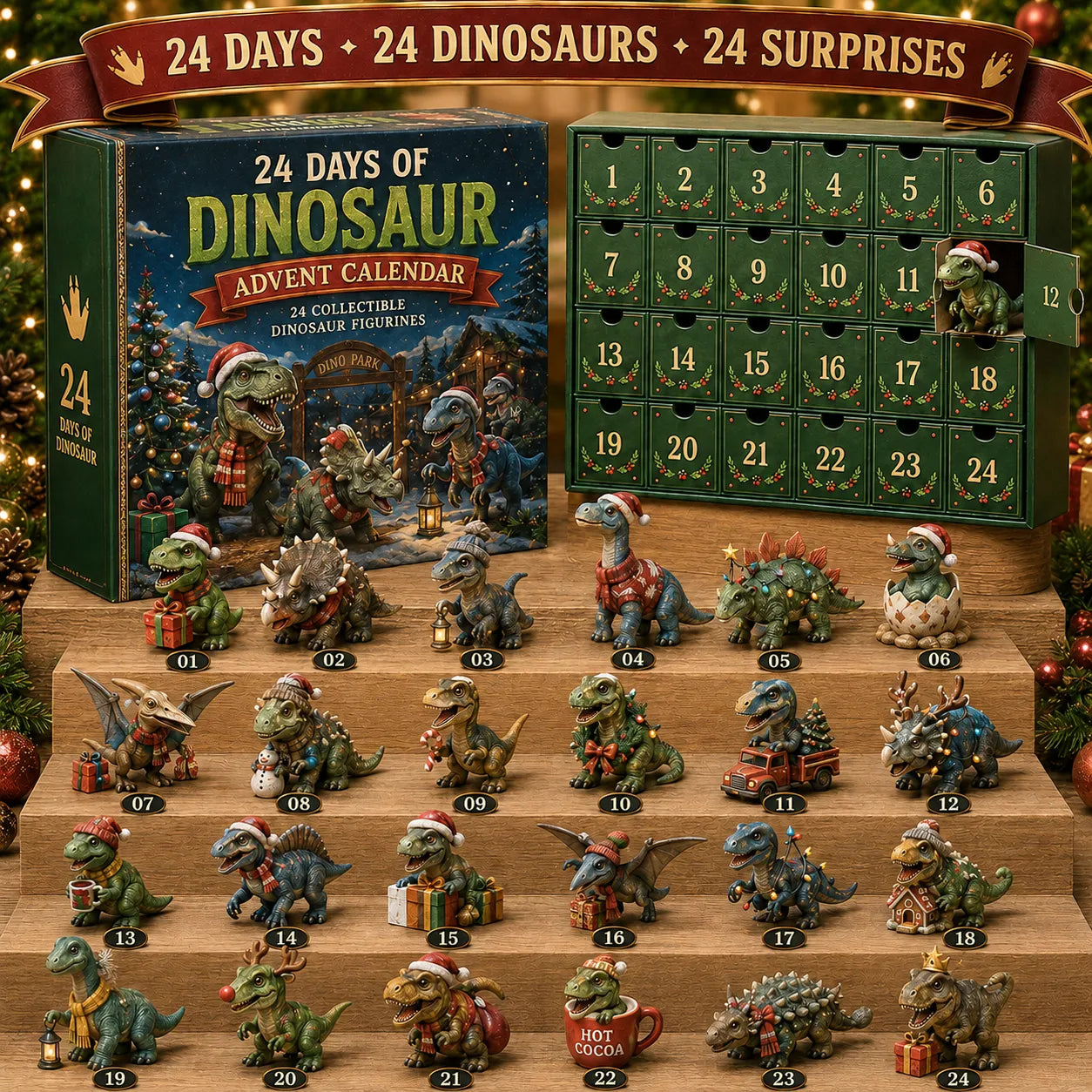 🦖24 Days of Dinosaur Christmas Advent Calendar – 24 Collectible Dino Figurines & Holiday Surprises