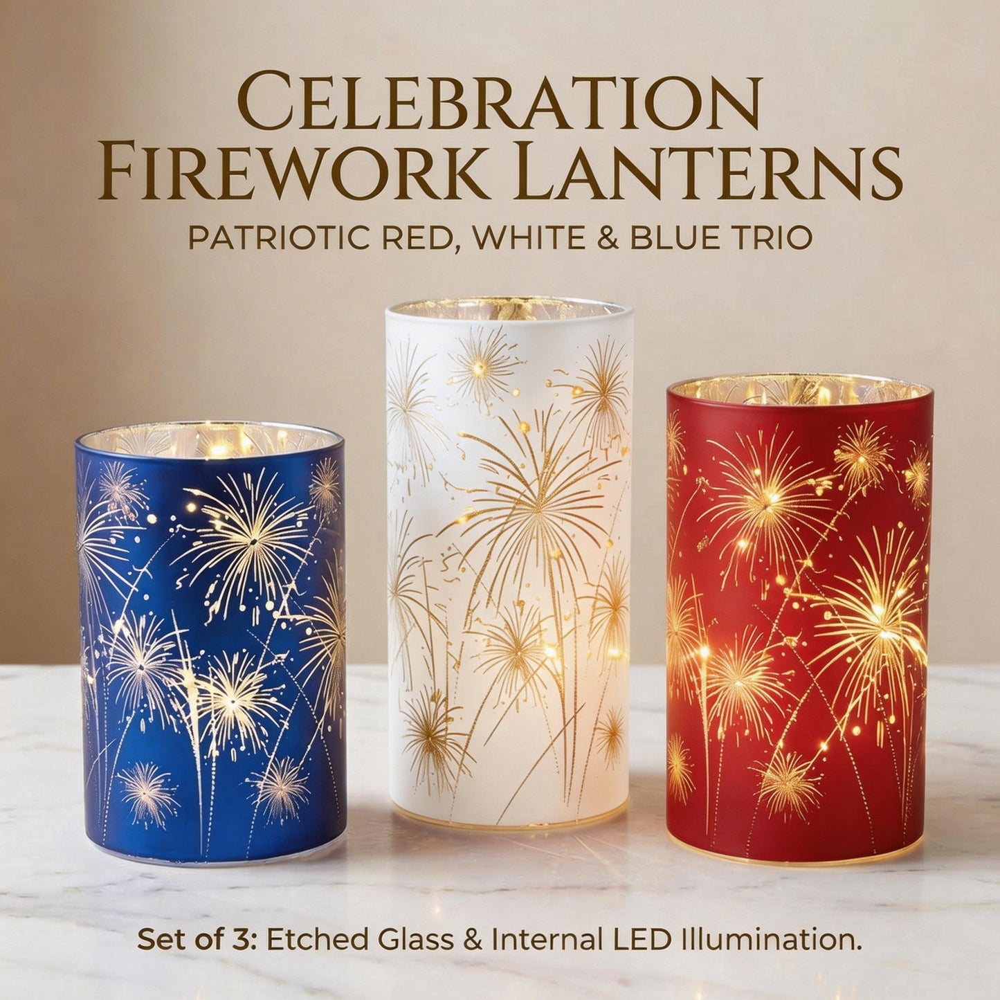 🎇Celebration Firework Lanterns – Premium Patriotic Red, White & Blue Trio