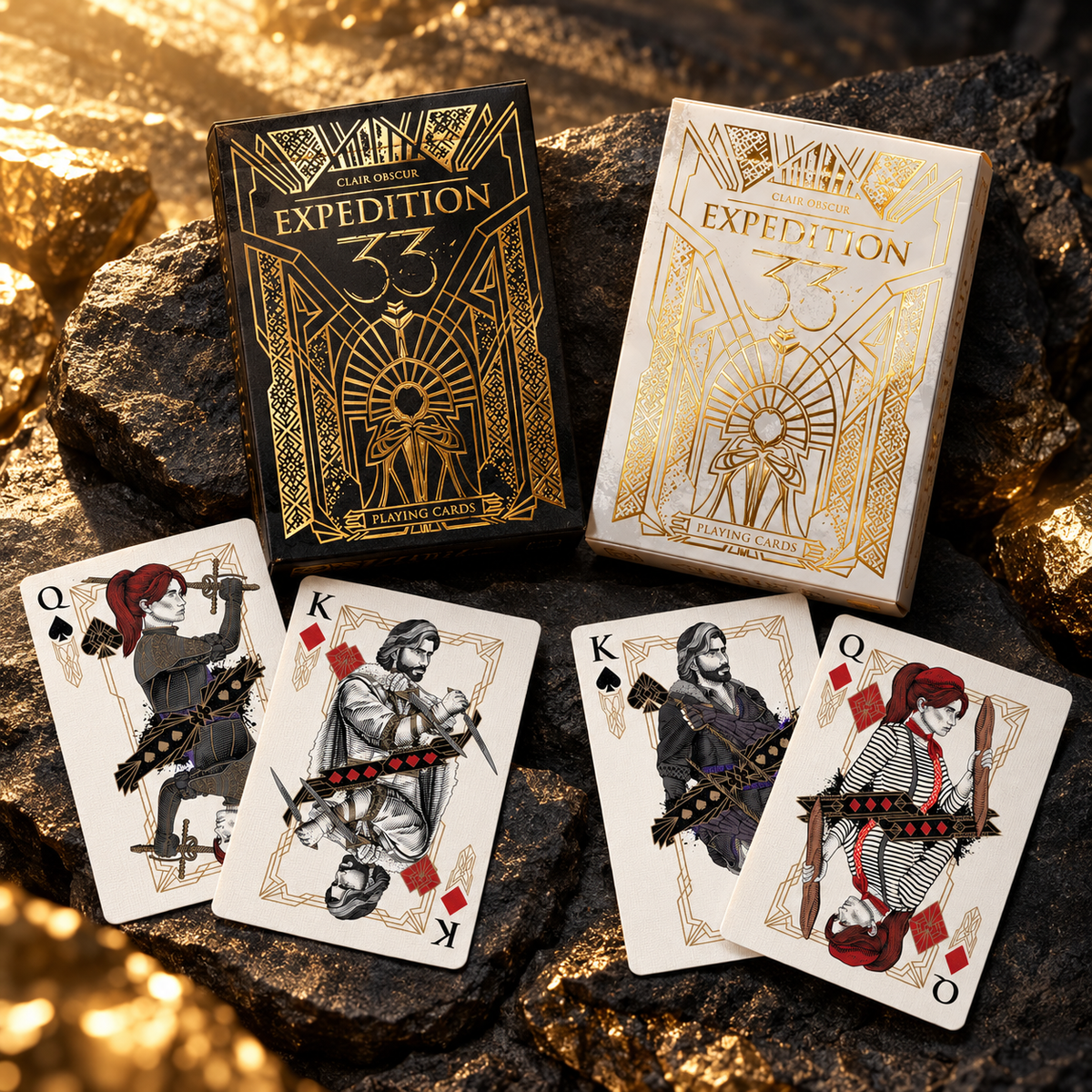 Black and ivory editions of gold foil illustrated playing cards; editions sold separately