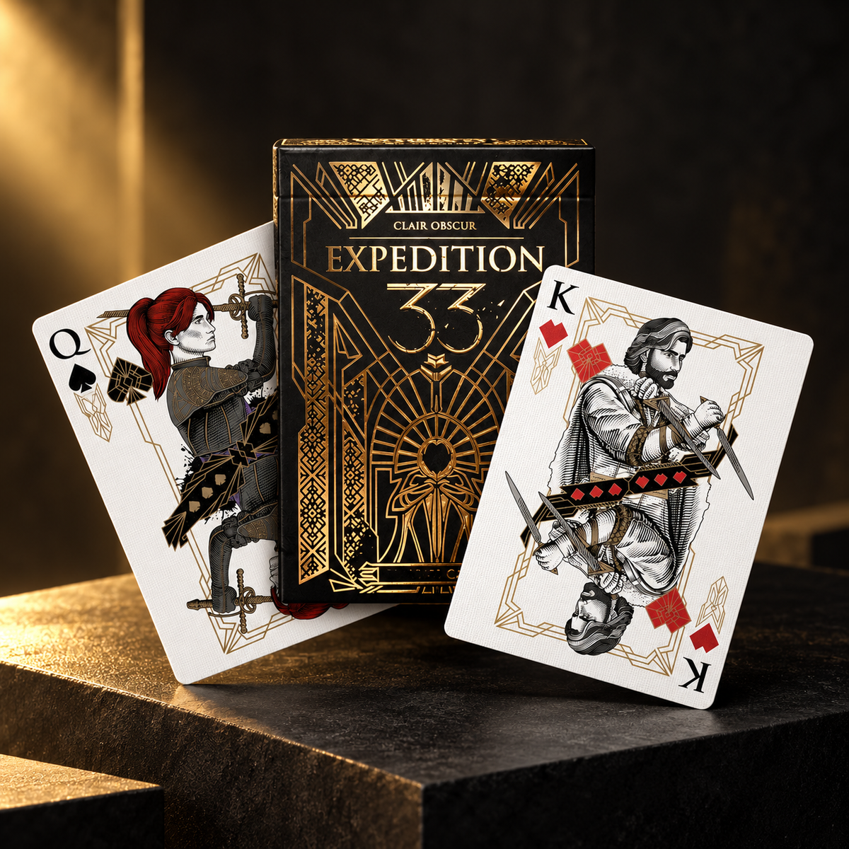 Black and gold playing card edition with illustrated court cards